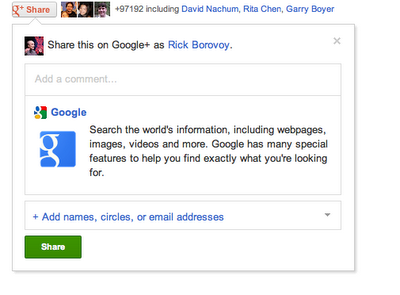 В Google+ наряду с «+1» появилась кнопка Share