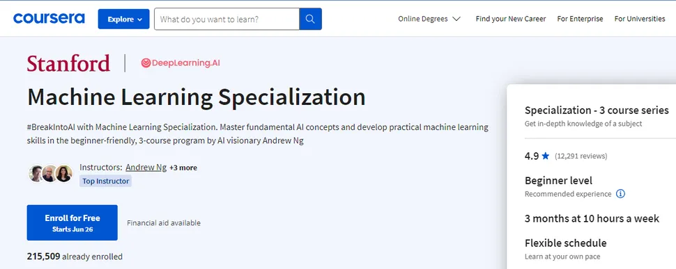 Искусственный интеллект: полезные сервисы и платформы картинка Machine Learning Specialization by Stanford University