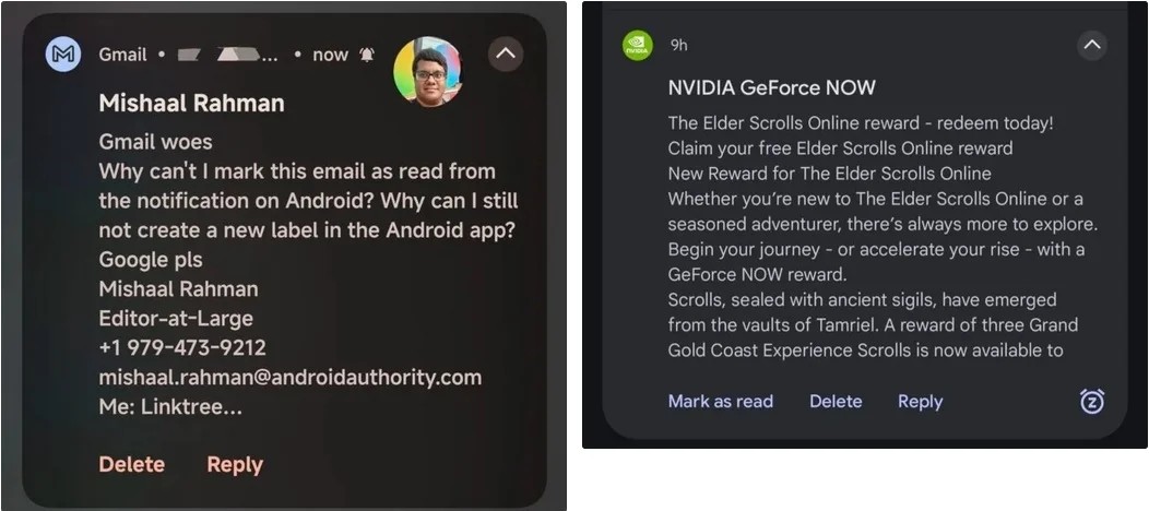 Слева — текущие уведомления Gmail для Android. Справа — обновленная версия с функцией «Отметить как прочитанное»