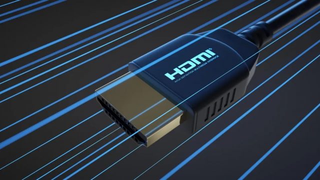 HDMI connector whit information rays on dark background. 3D Illustration. Порт HDMI 2.2 с маркировкой Ultra96