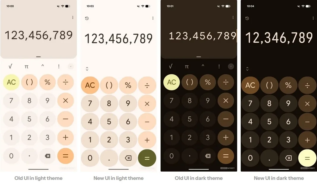 Новый и старый интерфейс Google-калькулятора в светлом и тёмном режимах. | Изображение предоставлено PhoneArena