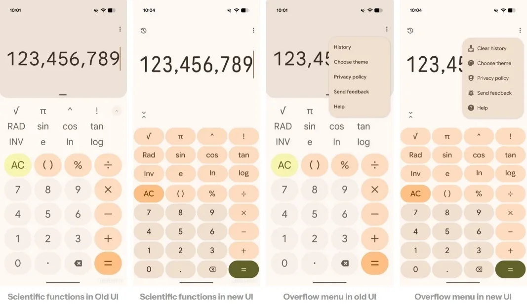 Изменения в научных функциях и меню «Переполнение» в обновлении MAT 3 для приложения «Калькулятор»