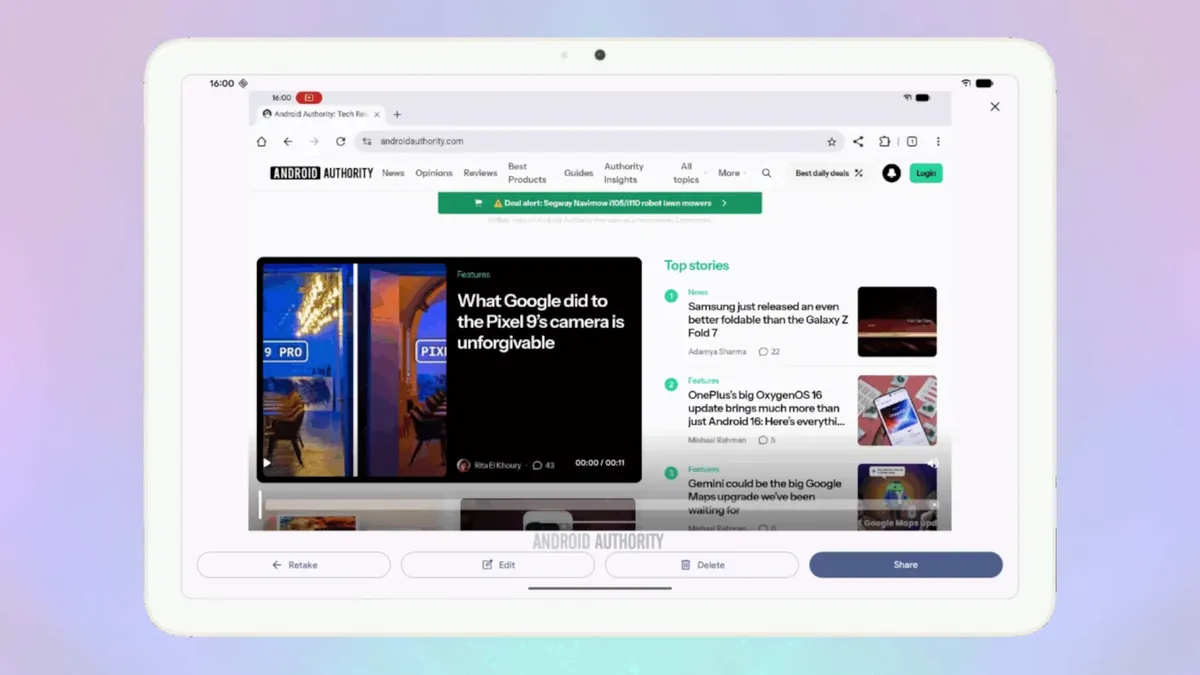 Запись экрана на Android получит мощный апгрейд с сюрпризом от Google картинка Google: Запись экрана получит новую панель и фишки