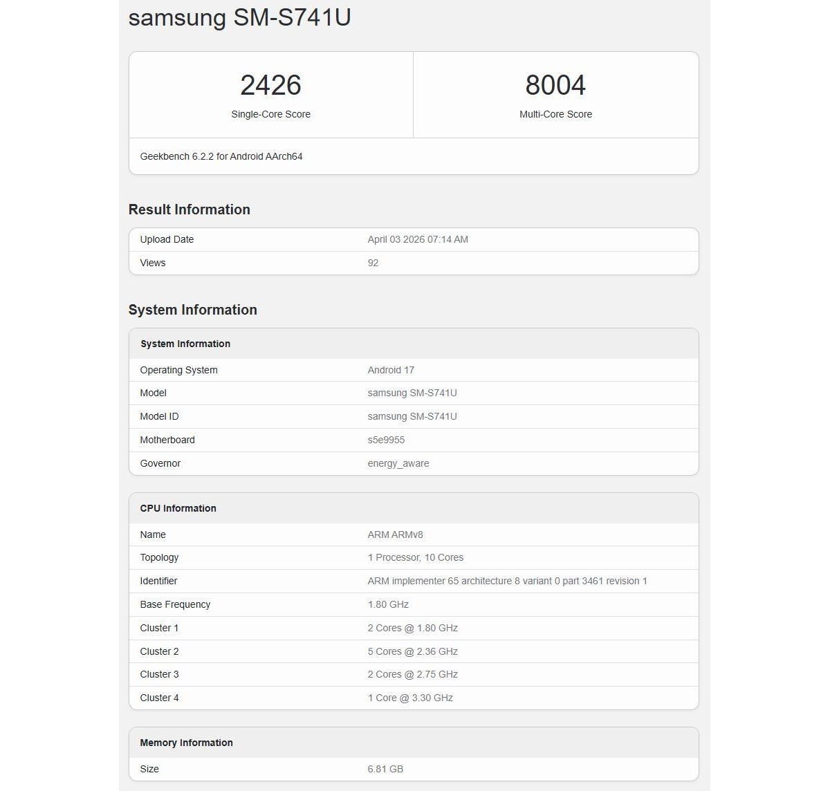 Galaxy S26 FE попал в Geekbench, раскрыв информацию о выбранном Samsung чипсете