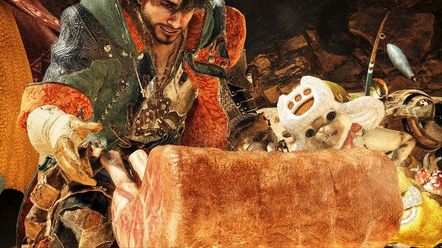 09_A hunter and a Palico smile at a roasted piece of monster meat Обзор Monster Hunter Wilds — бесшовный открытый мир