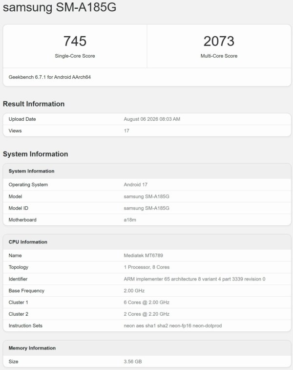 Samsung Galaxy A18 появится на Geekbench с ключевыми характеристиками картинка Samsung Galaxy A18 появится на Geekbench с ключевыми характеристиками