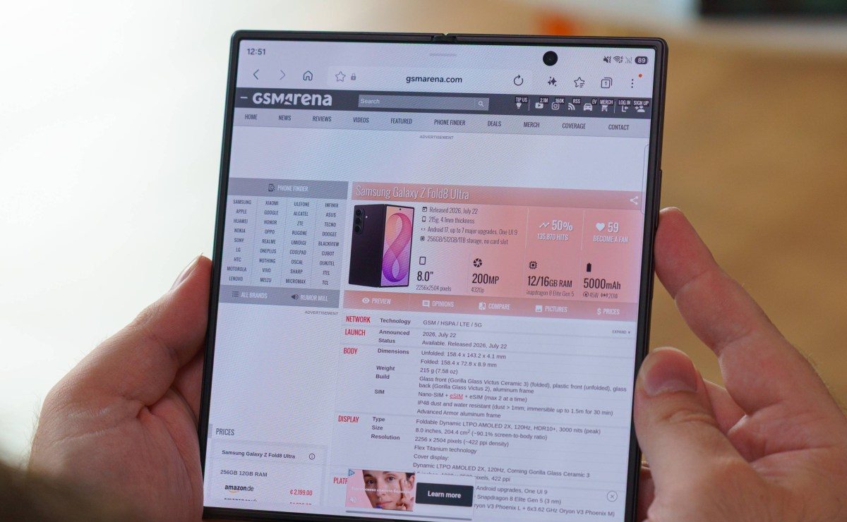 Обзор Samsung Galaxy Z Fold8 Ultra: характеристики, экран, автономность и быстрая зарядка картинка Характеристики Samsung Galaxy Z Fold8 Ultra | DGL.RU