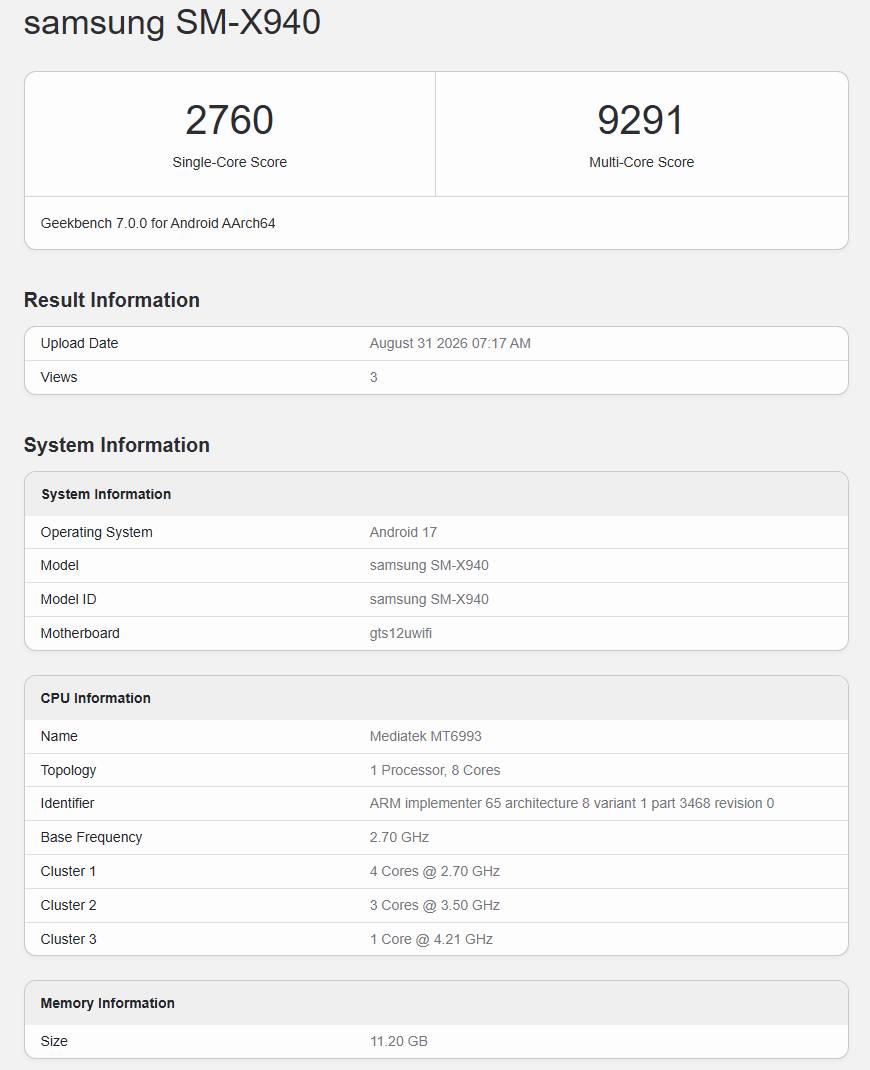 Планшет Samsung Galaxy Tab S12 Ultra протестировали в Geekbench 7 с процессором MediaTek Dimensity 9500 картинка Планшет Samsung Galaxy Tab S12 Ultra протестирован | DGL.RU