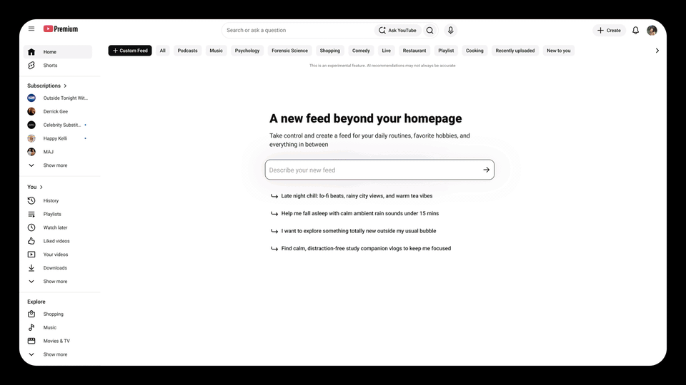 YouTube представил функцию Custom Feeds для создания персональных вкладок рекомендаций картинка YouTube добавил функцию вкладок Custom Feeds | DGL.RU