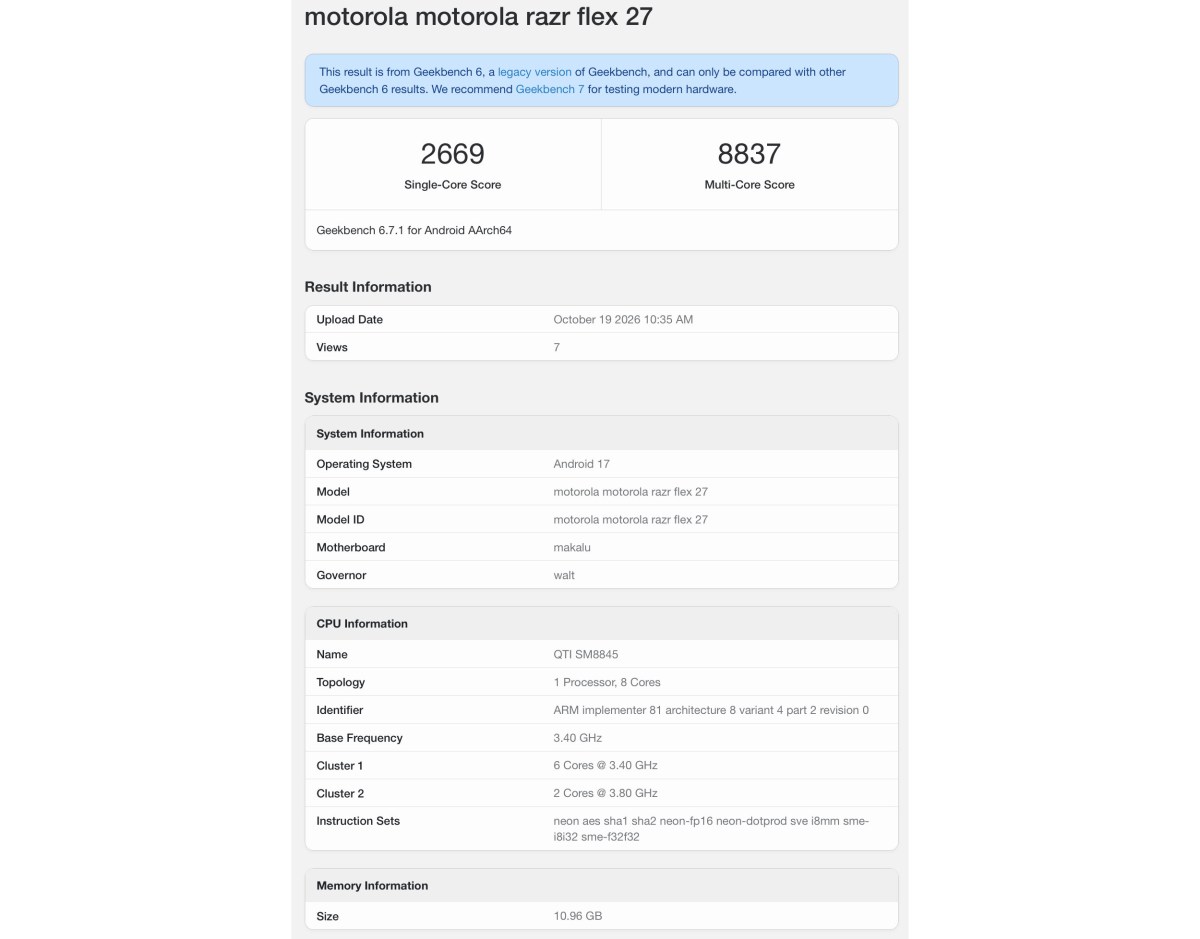 Razr Flex от Motorola попал на Geekbench благодаря удивительному набору микросхем картинка Razr Flex от Motorola попал на Geekbench благодаря удивительному набору микросхем